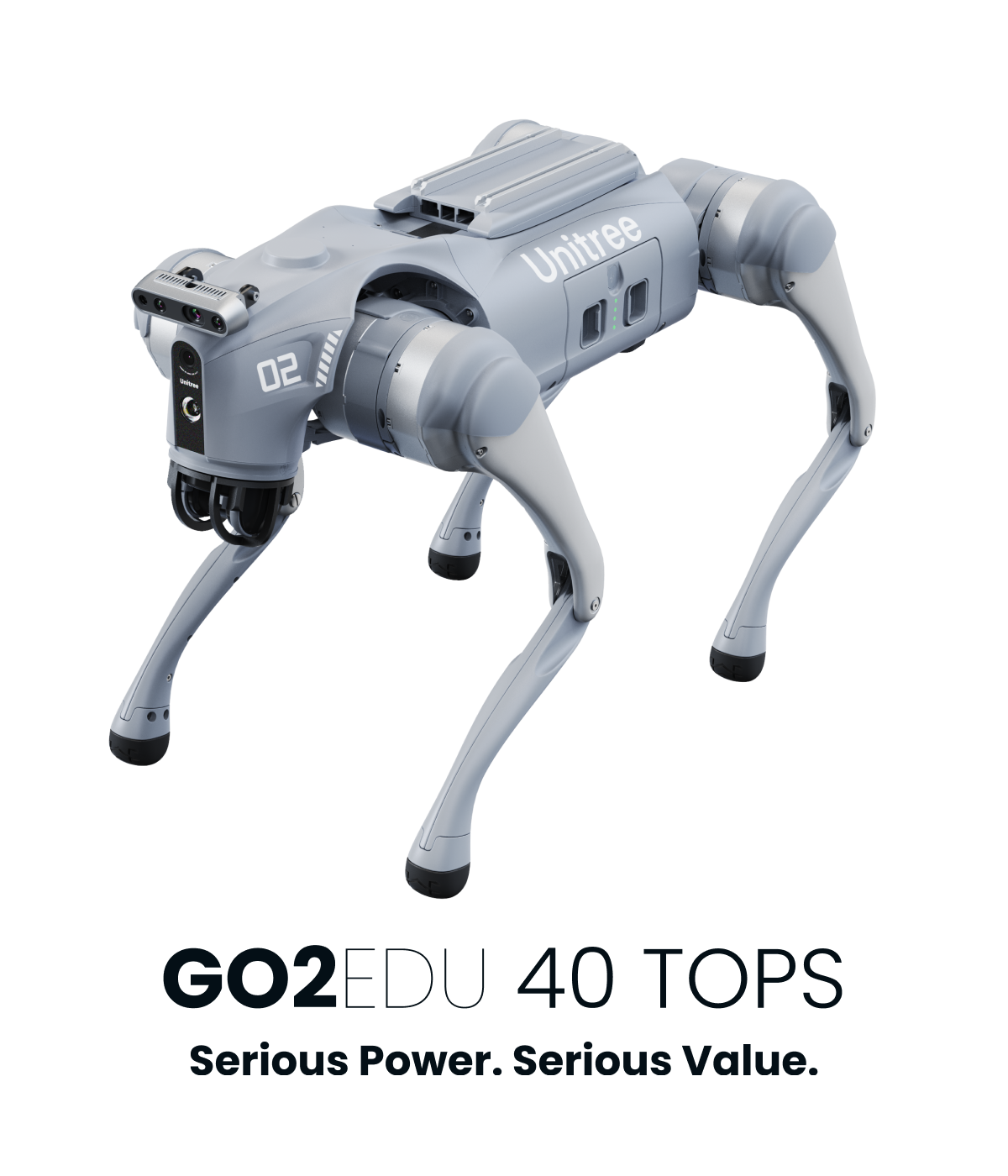 the unitree go2 is powered by the Jetson orin 40 tops version allowing for lidar sensors to help with navigating autonomously .