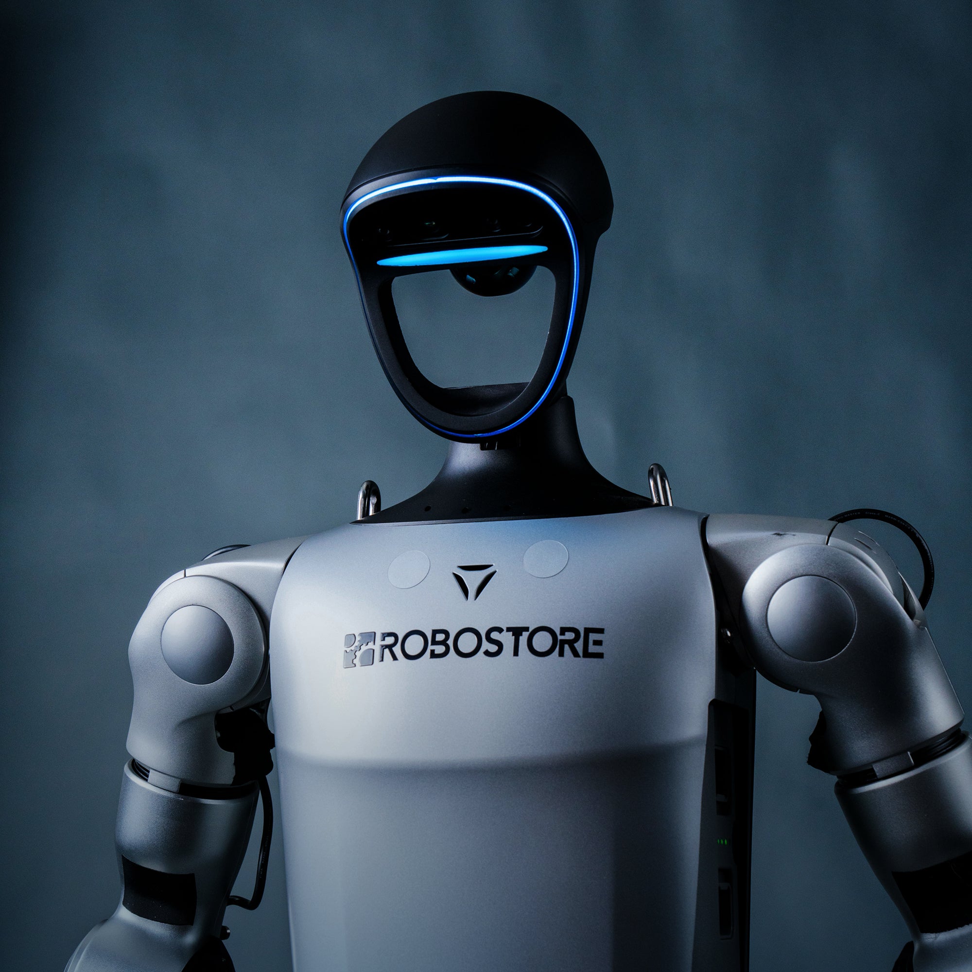 G1 Humanoid Robot with 'ROBOSTORE' branding on a dark background